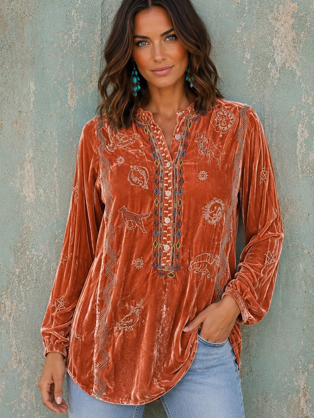 Johnny Was Lyra Velvet Zodiac Embroidered Tunic Blouse NWT RARE